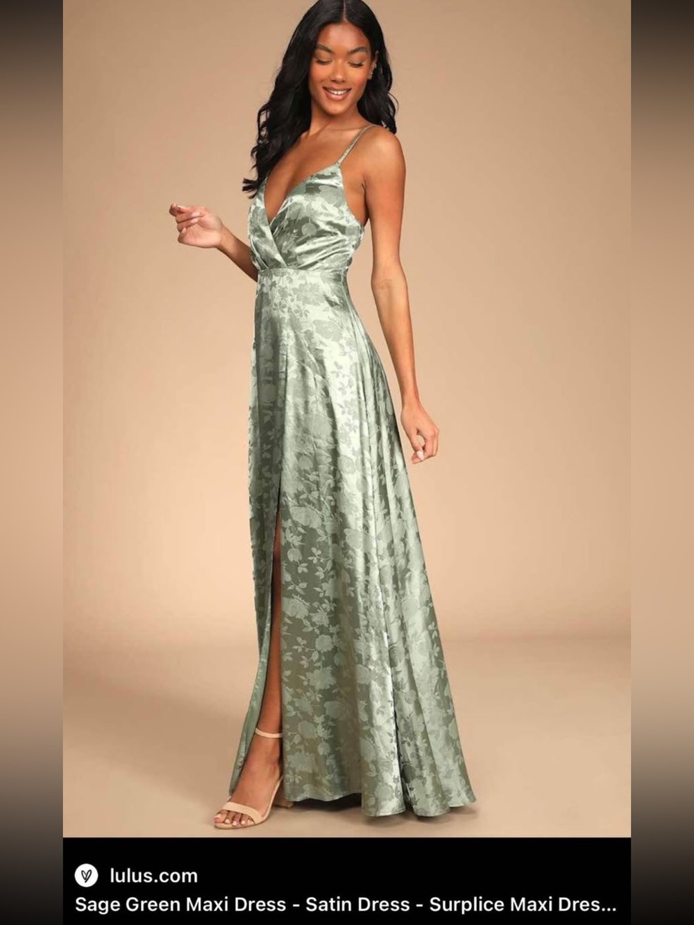 Lulu's Sage Green Floral Satin Maxi Dress